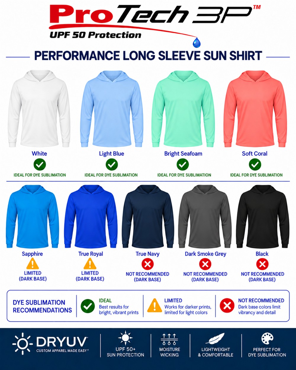 Pro-Tech 3P sun hoodies in white, light blue, seafoam, and coral