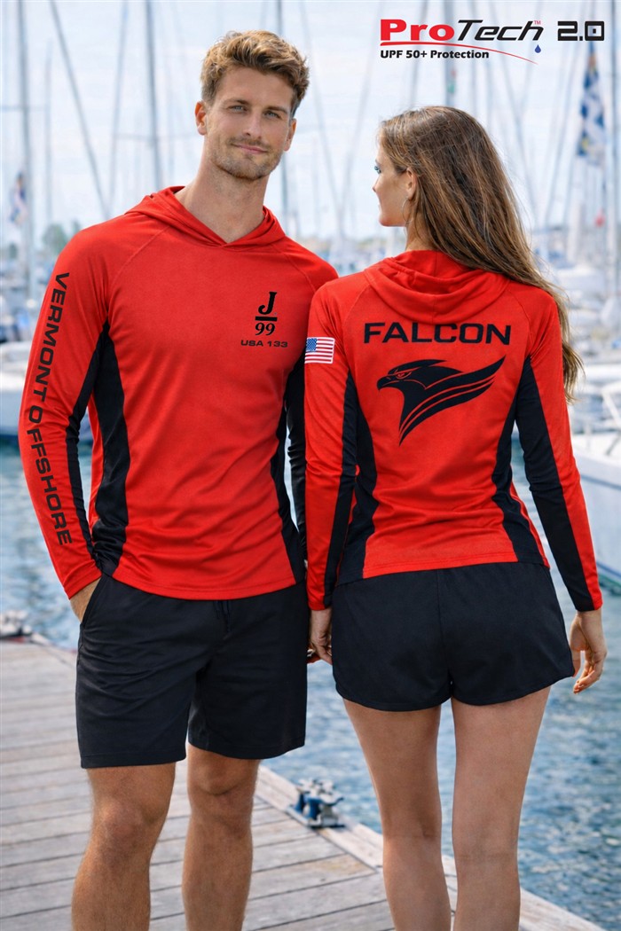 Custom red Falcon Pro-Tech 2.0 sun hoodies, front and back