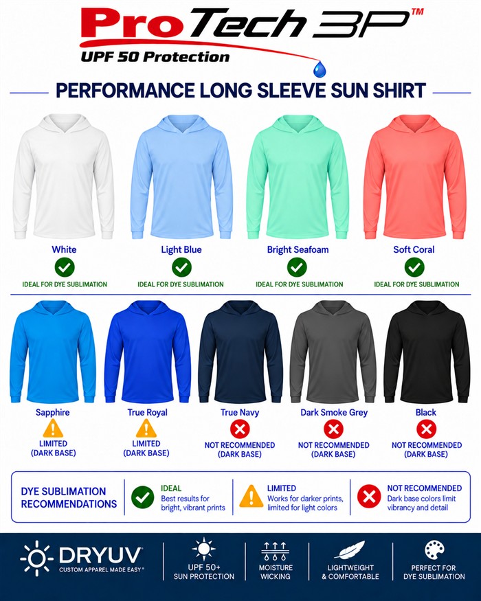 Pro-Tech 3P sun hoodies in white, light blue, seafoam, and coral