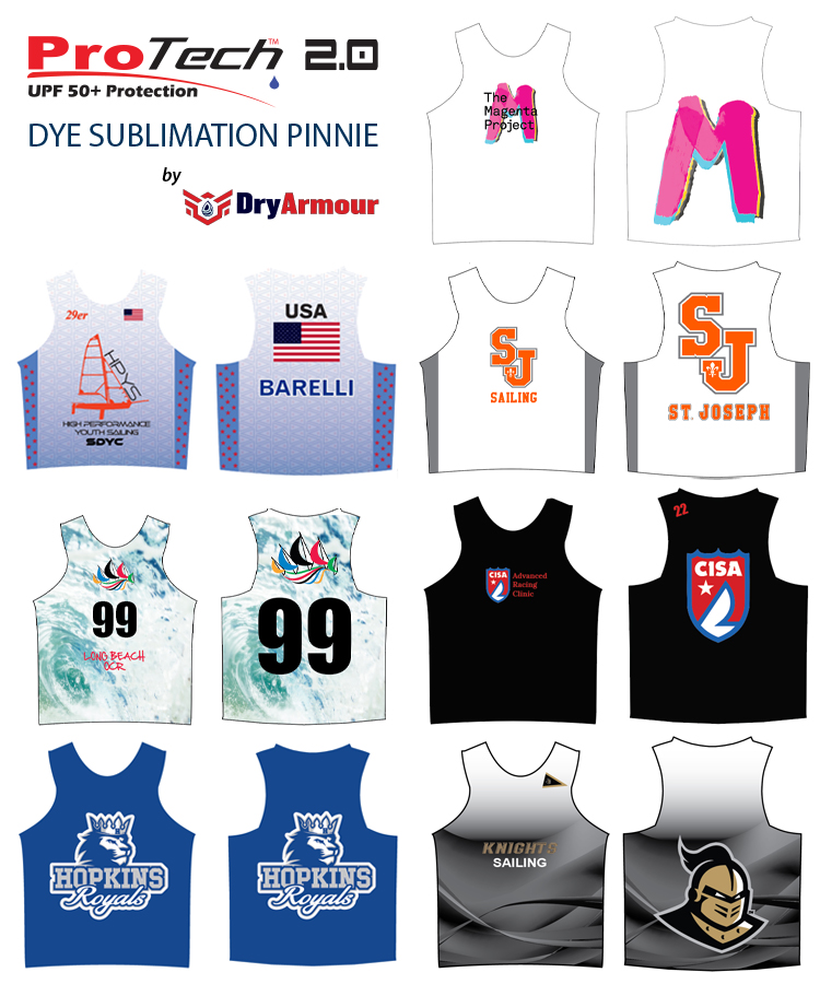 Pro-Tech 2.0 pinnie designs in team colors, with names, numbers, and logos